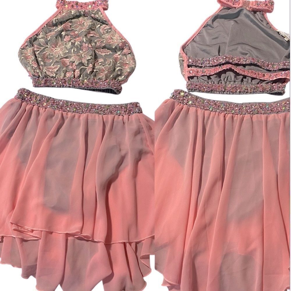 Glamour solo 2 piece dance costume pink gray lyrical embellishbling XLA adult
